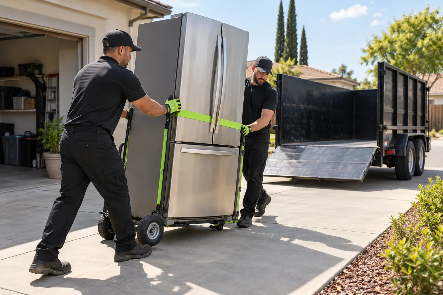Two workers moving an upright refrigerator on an appliance dolly