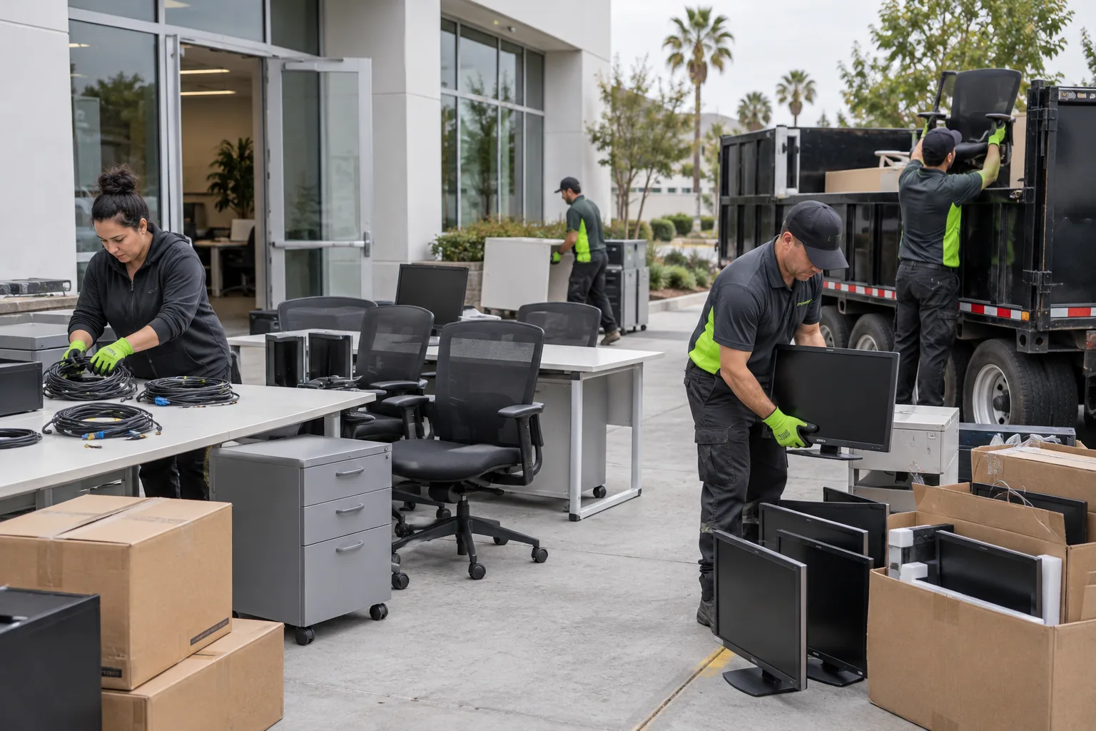 Crew sorting office furniture and electronics during a cleanout